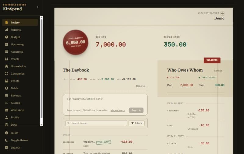 The KinSpend ledger on a laptop: the daybook on the left page, who owes whom on the right